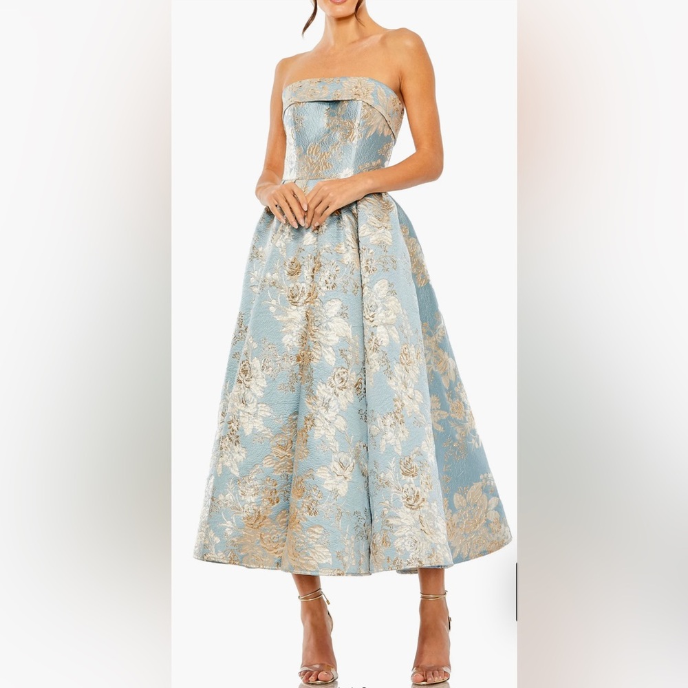 Mac Duggal 20726 Womens Blue Gold Floral Strapless Brocade Midi Dress Gown